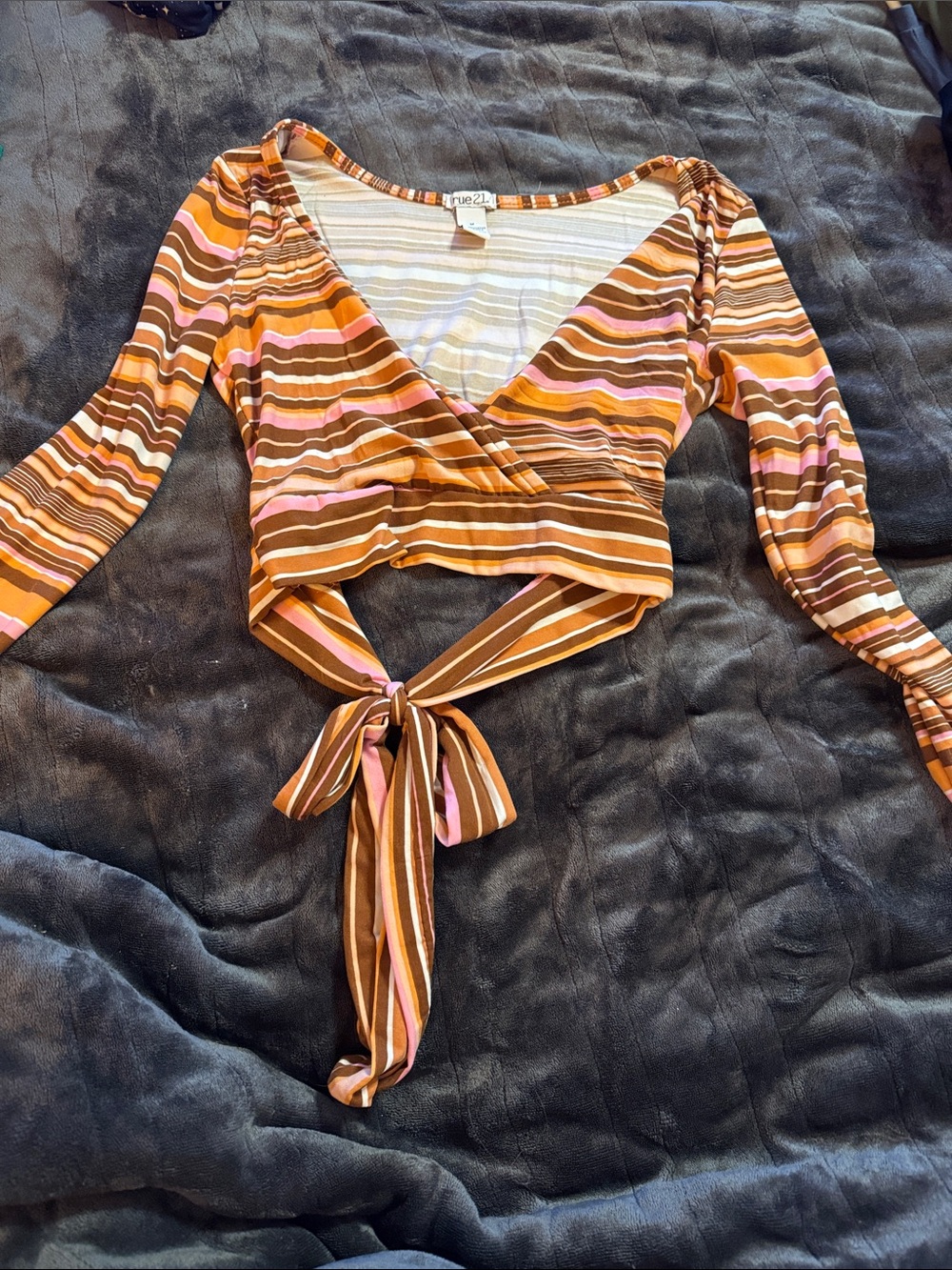 Rue21 Brown Striped Wrap Crop Top with Pink and Tan Stripes